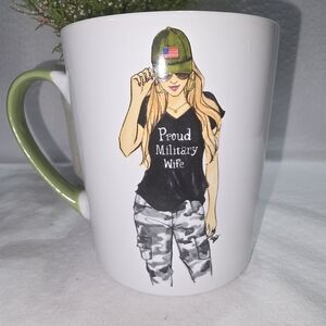 PROUD MILITARY WIFE Rongrong White Mug with Green Handle EUC